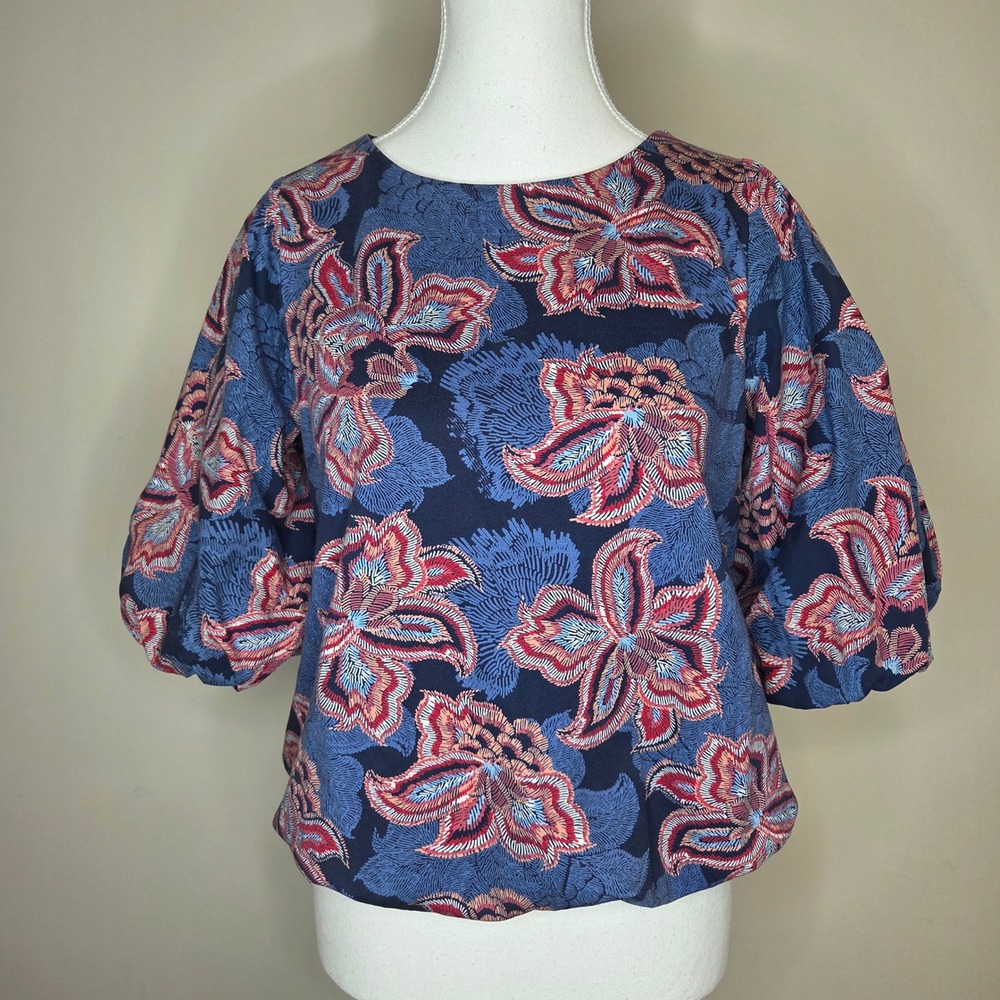 Chicos Floral Puff Sleeve Blouse Navy Blue Coral Cotton Top Size 0 Small‎